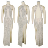 Sexy Hot Drill Backless High Split Maxi Dress NY-3761