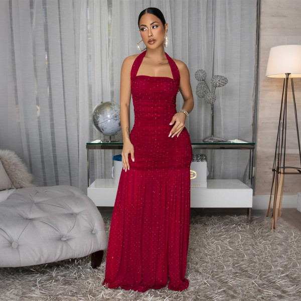 Halterneck Hot Drill Solid Color Maxi Dress CYA-902241