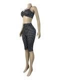 Polka Dots Print Wrap Chest Top Fifth Pants 2 Piece Set CH-26103