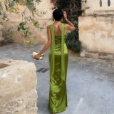Square Neck Solid Color Ruched Maxi Dress GYME-K25D90812