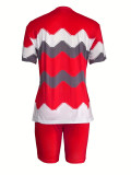 Stripe Print Short Sleeve Two Piece Short Set SHD-9699
