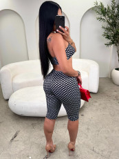 Polka Dots Print Wrap Chest Top Fifth Pants 2 Piece Set CH-26103