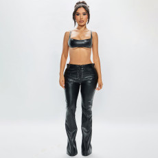 PU Leather Sling Top Two Piece Pants Set YNSF-8030