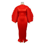 Lantern Sleeve Press Pleated Maxi Dress YF-10977