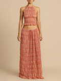 Sleeveless Press Pleated Top Long Skirt 2 Piece Set SH-391524
