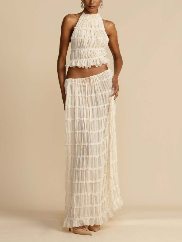 Sleeveless Press Pleated Top Long Skirt 2 Piece Set SH-391524