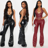 Lace Halterneck Backless Leahter Pants 2 Piece Set YNSF-8029