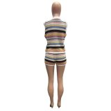Sleeveless Striped Crochet Tops Shorts Set QXTF-83046