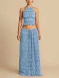 Sleeveless Press Pleated Top Long Skirt 2 Piece Set SH-391524