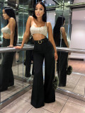 High-waisted Metal Ring belt Wide Leg Pants SH-391471