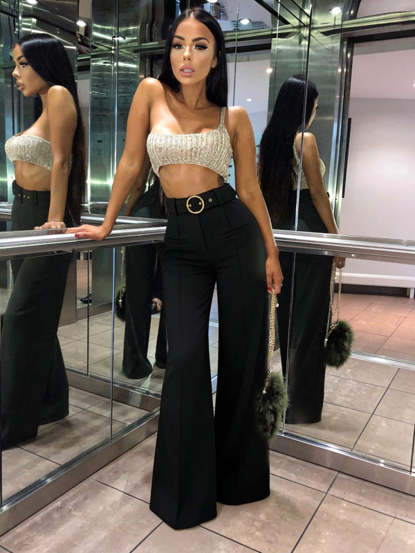 High-waisted Metal Ring belt Wide Leg Pants SH-391471