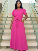 Short Sleeve Solid Color Belt Maxi Dress GYLY-11143
