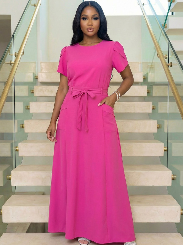 Short Sleeve Solid Color Belt Maxi Dress GYLY-11143