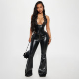 Lace Halterneck Backless Leahter Pants 2 Piece Set YNSF-8029