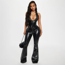 Lace Halterneck Backless Leahter Pants 2 Piece Set YNSF-8029