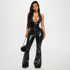 Lace Halterneck Backless Leahter Pants 2 Piece Set YNSF-8029