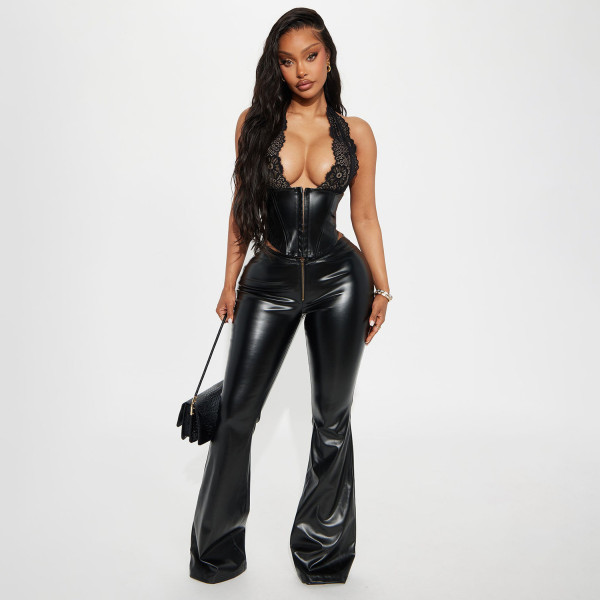 Lace Halterneck Backless Leahter Pants 2 Piece Set YNSF-8029