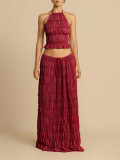Sleeveless Press Pleated Top Long Skirt 2 Piece Set SH-391524