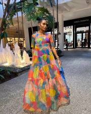 Mesh Print Short Sleeve Maxi Dress BMF-31272