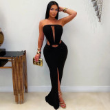 Solid Color Off Shoulder Split Maxi Dress YF-10994
