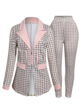 Houndstooth Print Long Sleeve Blazer Two Piece Pants Set BMF-077