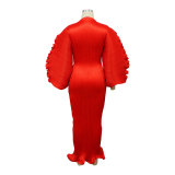 Lantern Sleeve Press Pleated Maxi Dress YF-10977