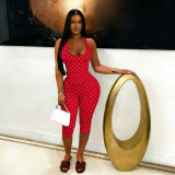 Polka Dots Print Halterneck Tie Up Seventh Jumpsuit TK-6350