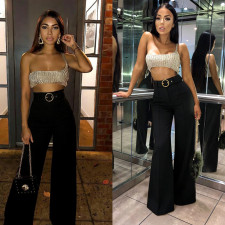 High-waisted Metal Ring belt Wide Leg Pants SH-391471
