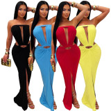 Solid Color Off Shoulder Split Maxi Dress YF-10994