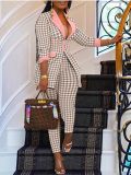 Houndstooth Print Long Sleeve Blazer Two Piece Pants Set BMF-077