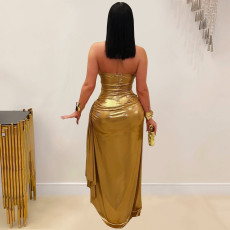 Halterneck Backless Ruched Maxi Dress BY-7491