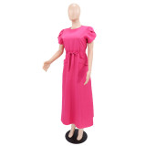 Short Sleeve Solid Color Belt Maxi Dress GYLY-11143