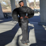 Lantern Sleeve Press Pleated Maxi Dress YF-10977