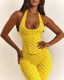 Polka Dots Print Halterneck Tie Up Seventh Jumpsuit TK-6350