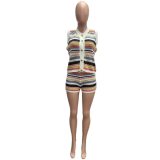 Sleeveless Striped Crochet Tops Shorts Set QXTF-83046
