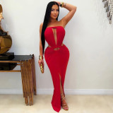 Solid Color Off Shoulder Split Maxi Dress YF-10994