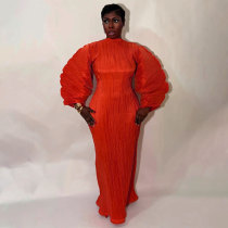 Lantern Sleeve Press Pleated Maxi Dress YF-10977