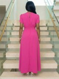 Short Sleeve Solid Color Belt Maxi Dress GYLY-11143