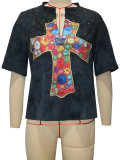 Vintage Cross-Print Rhinestone Top SH-391514