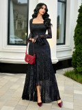 Mesh Jacquard Square Neck Irregular Long Dress GZJF-ZJ10212