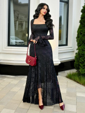 Mesh Jacquard Square Neck Irregular Long Dress GZJF-ZJ10212