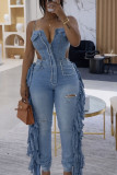 Fashion Denim Tassel Sling Jumpsuit NYF-8206