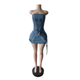 Fashion Irregular Denim Tube Top Mini Dress MEM-88688