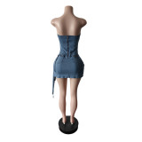 Fashion Irregular Denim Tube Top Mini Dress MEM-88688