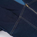 V Neck Zipper Short Sleeve Denim T Shirt GPKJ-MR47617