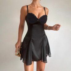 Satin Solid-Color Lace Patchwork Mini Dress GPKJ-MR47997