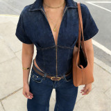 V Neck Zipper Short Sleeve Denim T Shirt GPKJ-MR47617