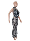Zebra-print Sleeveless Halterneck Long Skirts Suit SHD-9965
