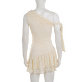 Lace Patchwork Slash Shoulder Irregular Mini Dress GPKJ-MR47894
