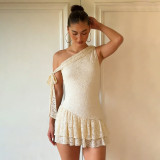 Lace Patchwork Slash Shoulder Irregular Mini Dress GPKJ-MR47894